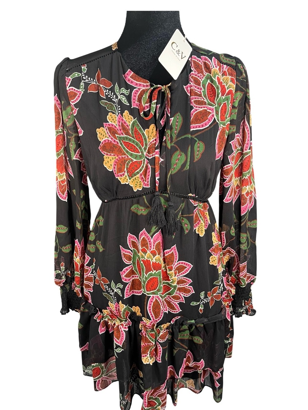 Chelsea & Violet Black Floral Tie-Neck Long Sleeve Dress